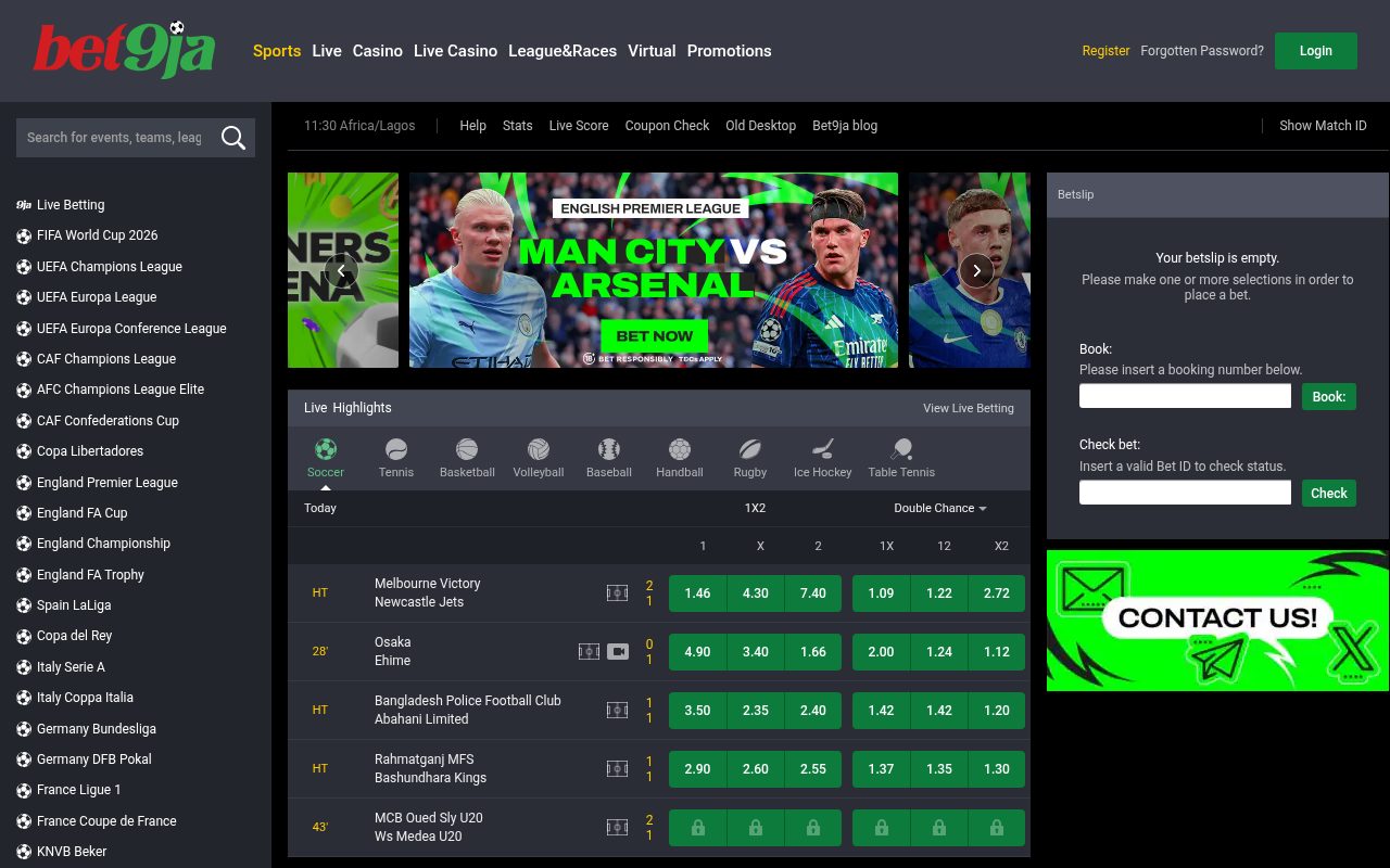 Screenshot of the Bet9ja betting platform homepage