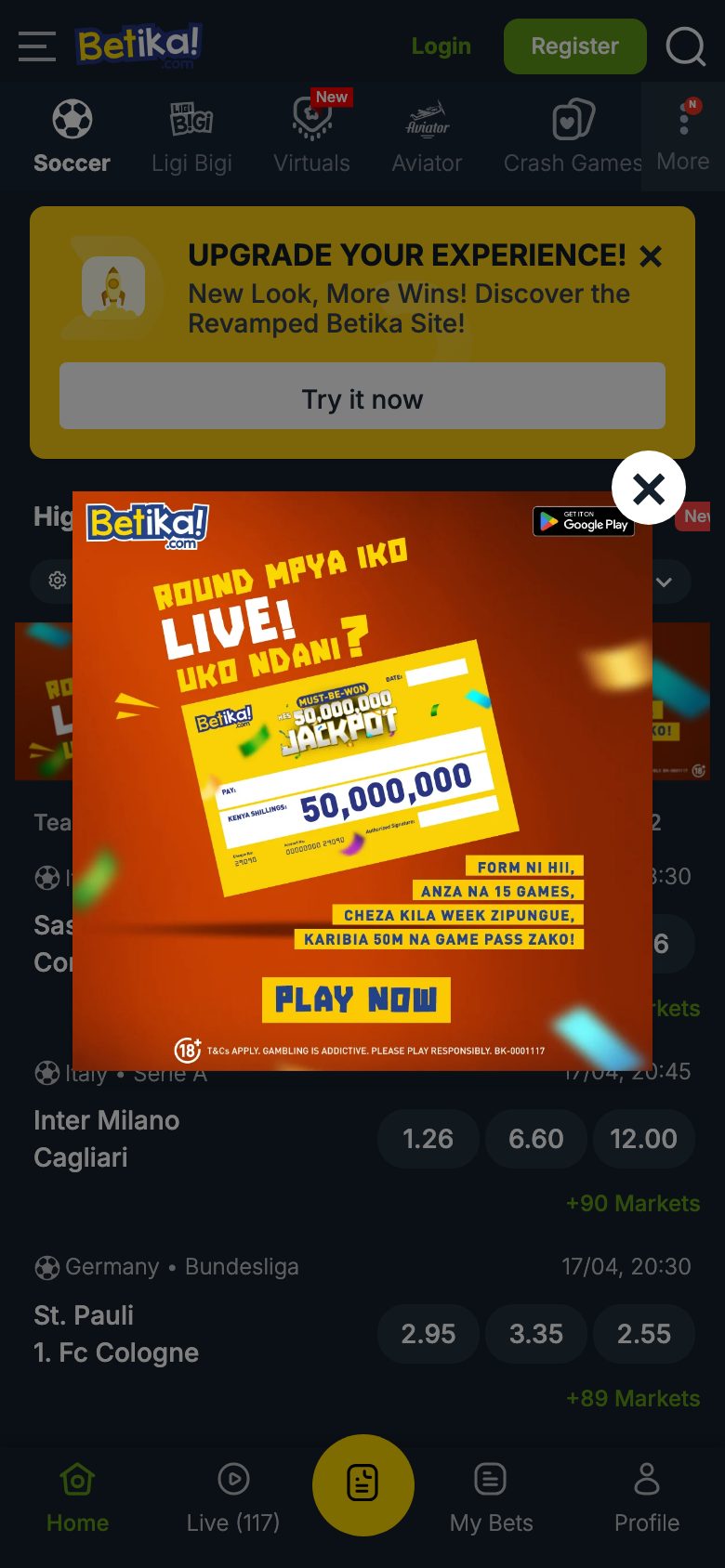 Mobile view of the Betika betting platform