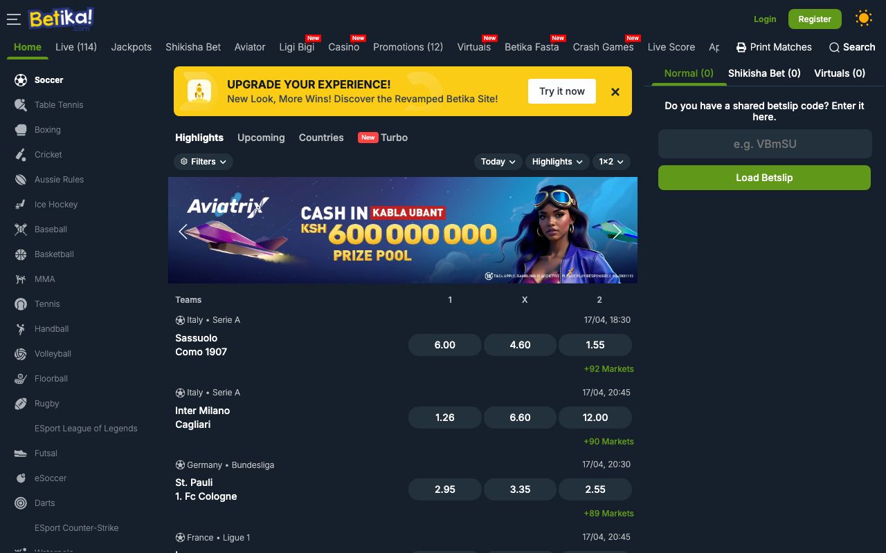 Screenshot of the Betika betting platform homepage