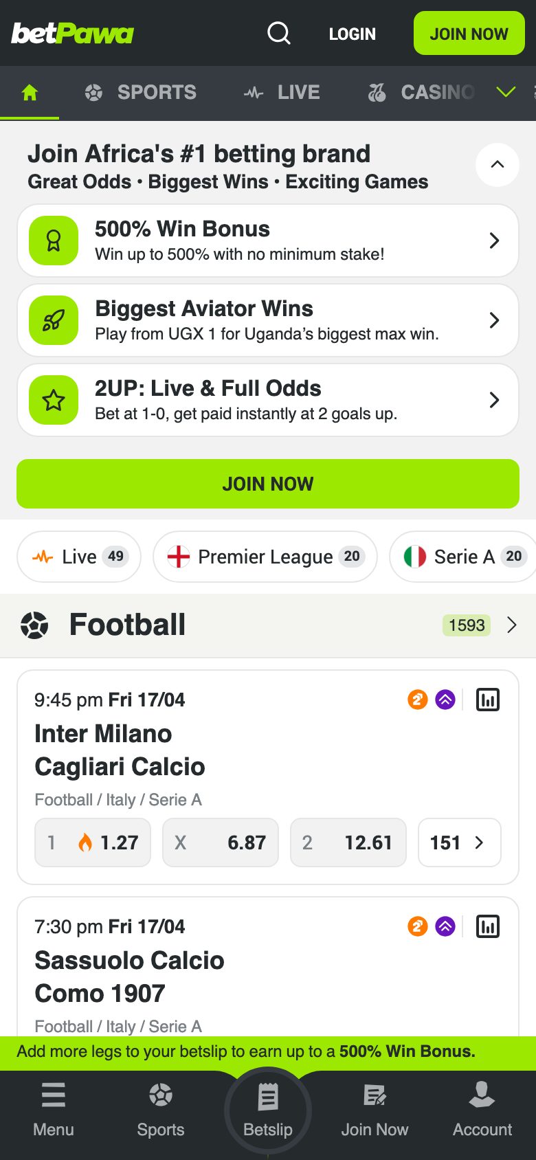 Mobile view of the BetPawa Uganda betting platform
