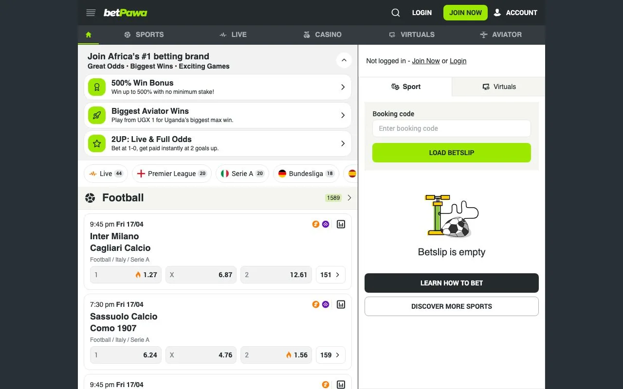 Screenshot of the BetPawa Uganda betting platform homepage