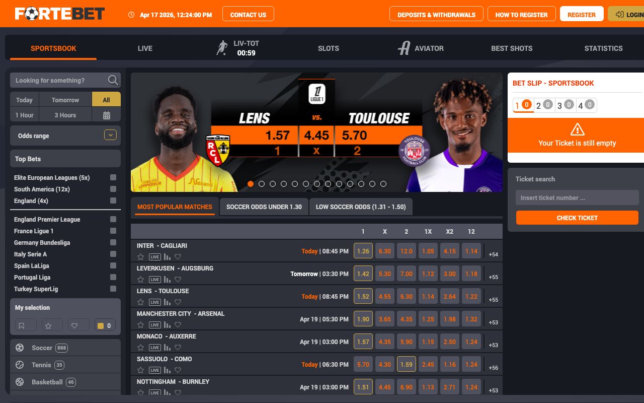 Screenshot of the ForteBet betting platform homepage