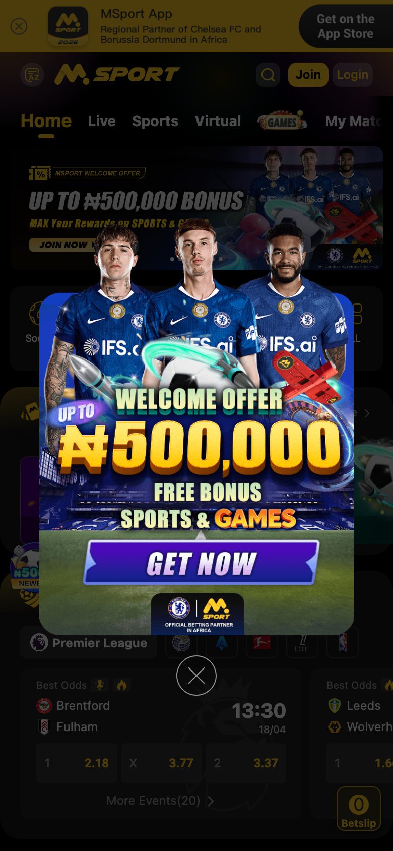 Mobile view of the MSport betting platform