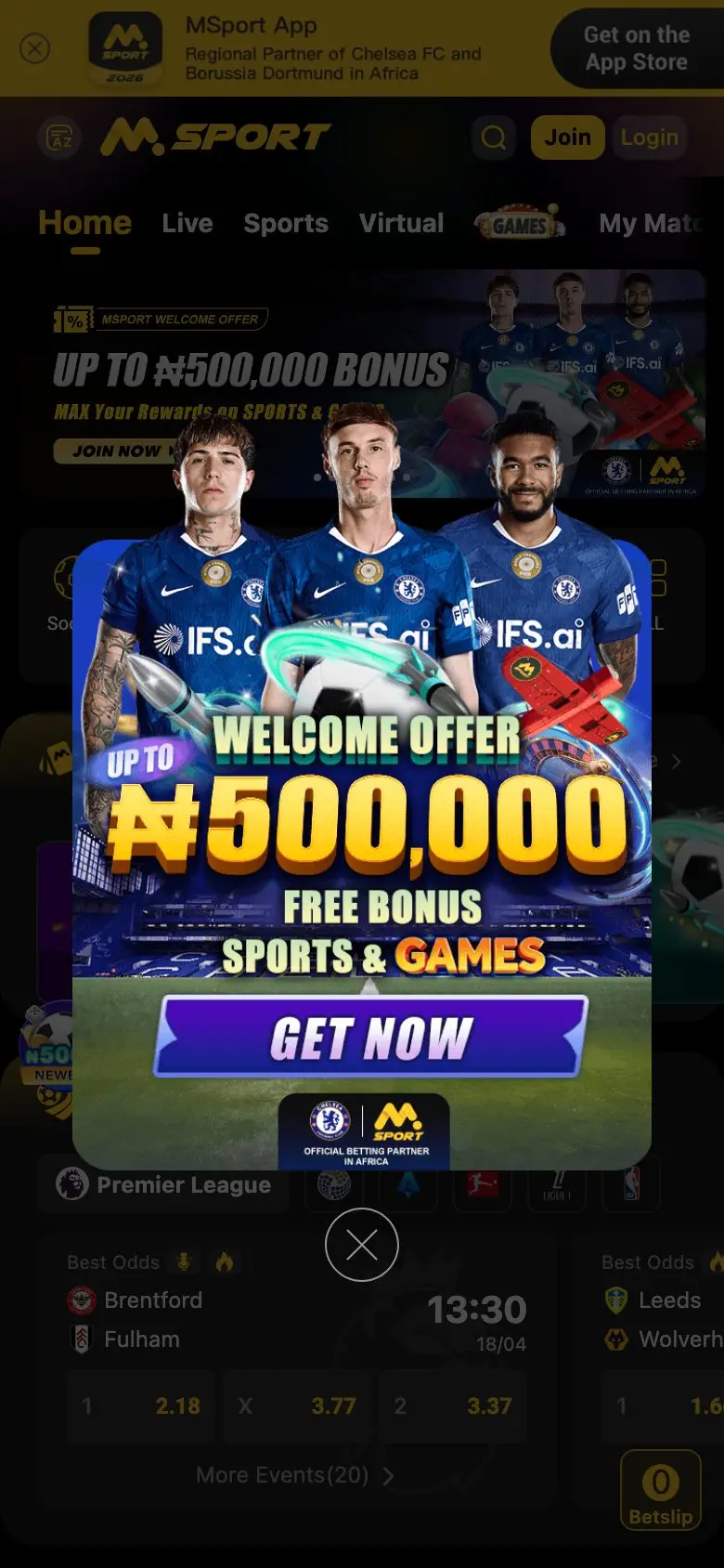 Mobile view of the MSport betting platform
