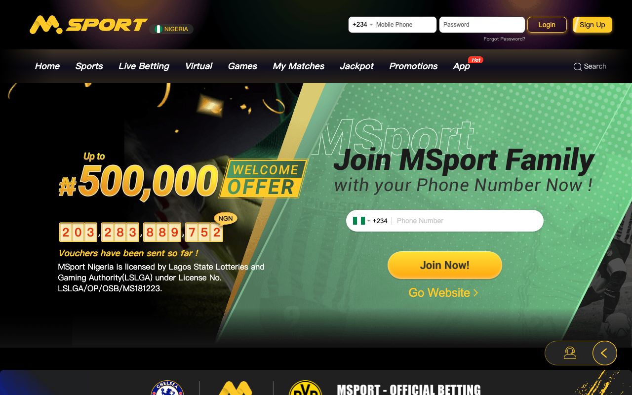 Screenshot of the MSport betting platform homepage