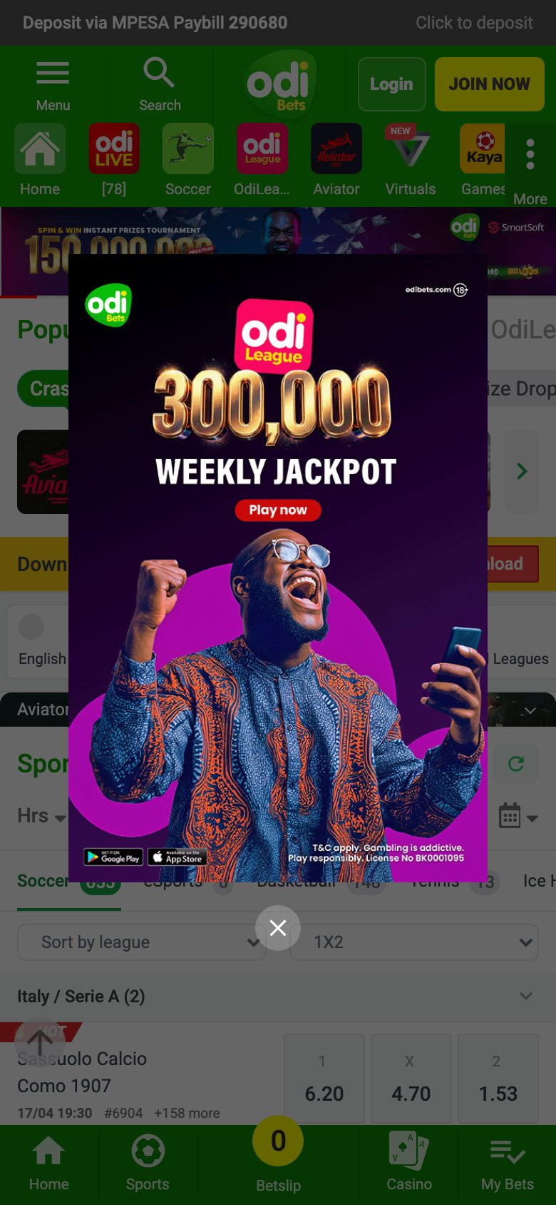 Mobile view of the OdiBets betting platform