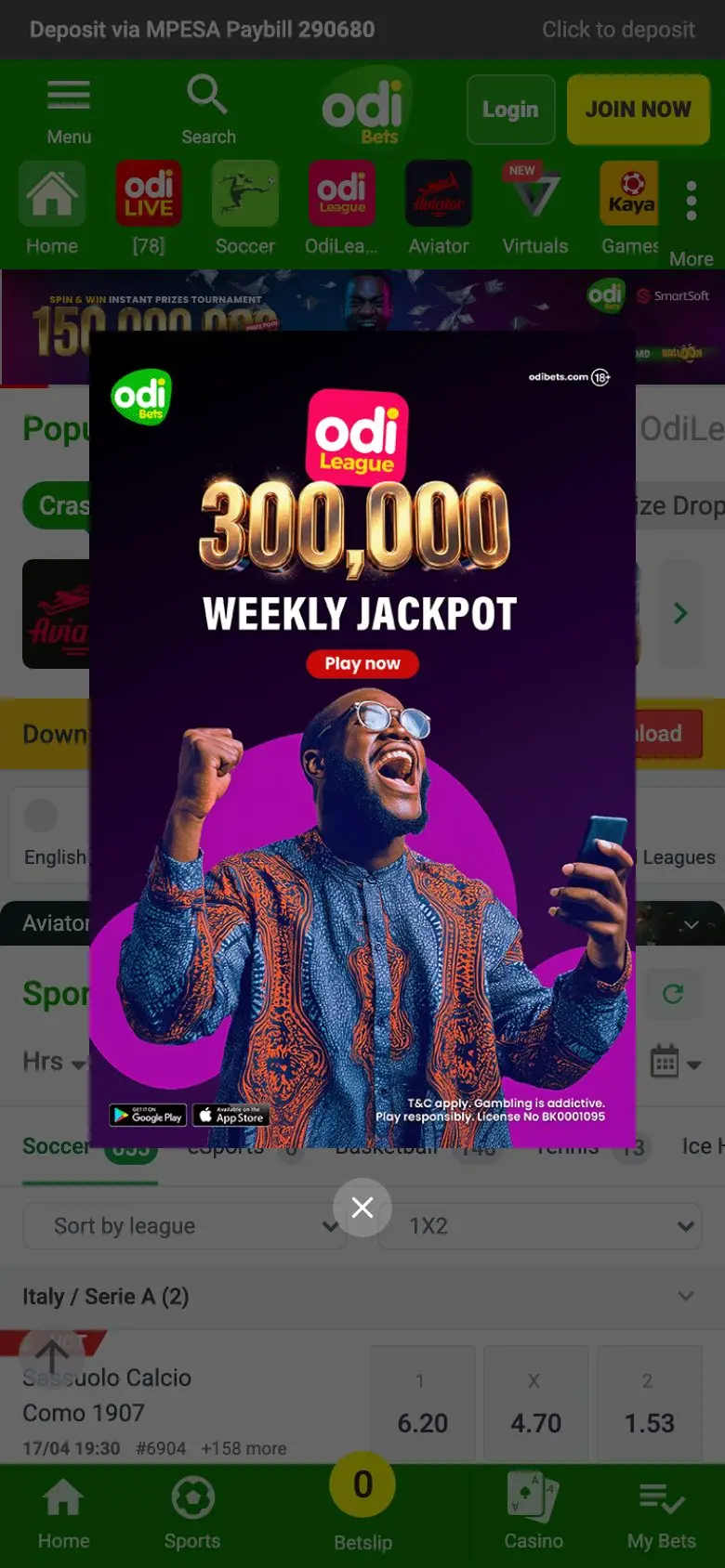 Mobile view of the OdiBets betting platform