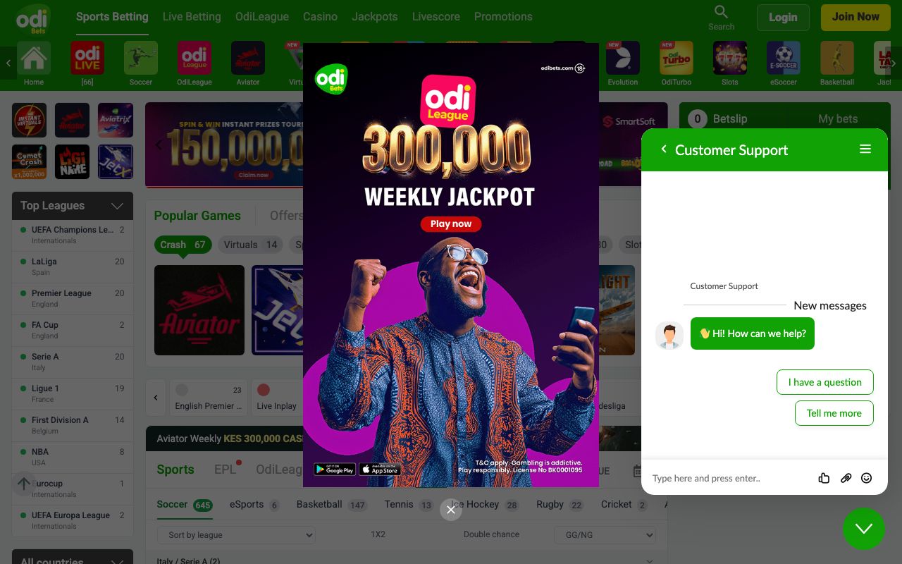 Screenshot of the OdiBets betting platform homepage