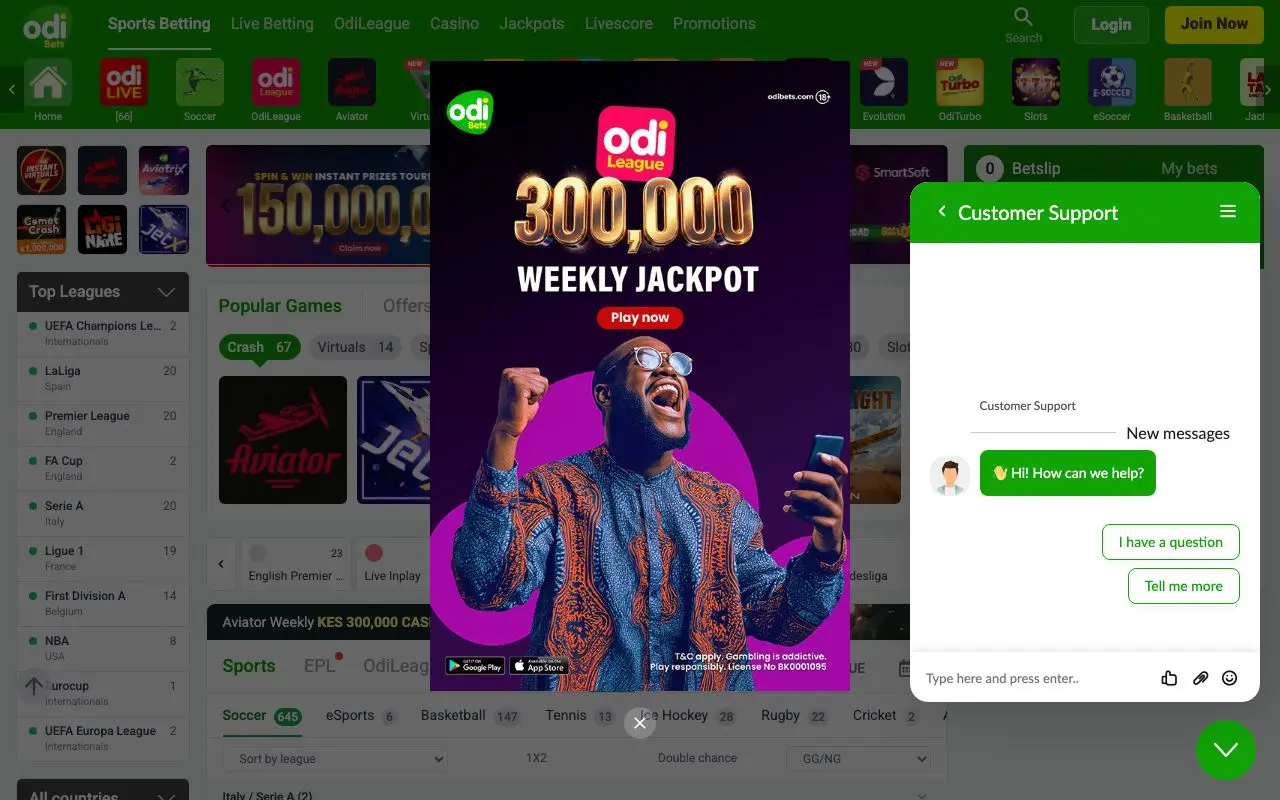 Screenshot of the OdiBets betting platform homepage