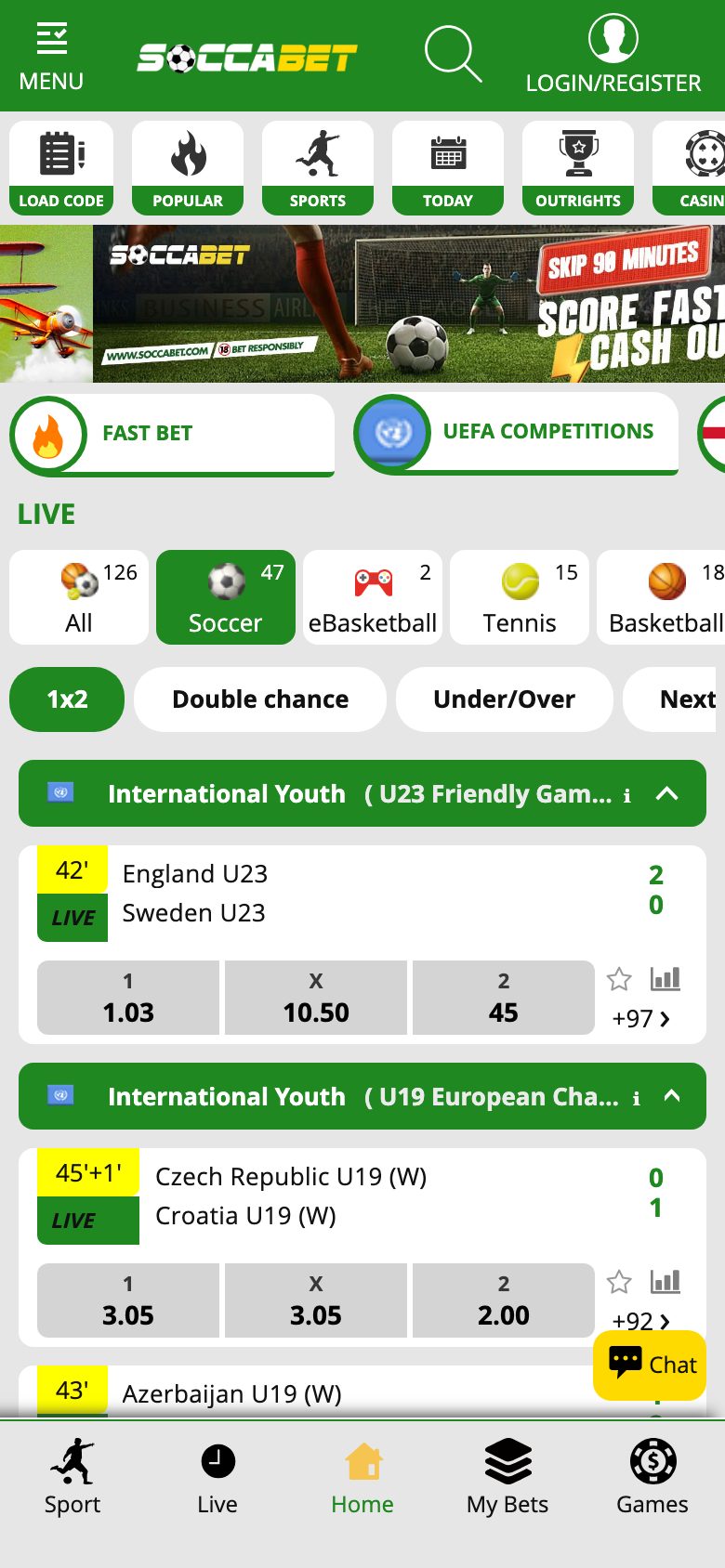 Mobile view of the Soccabet betting platform