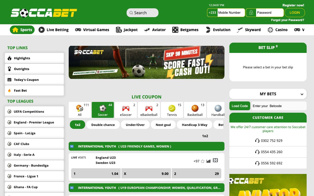 Screenshot of the Soccabet betting platform homepage