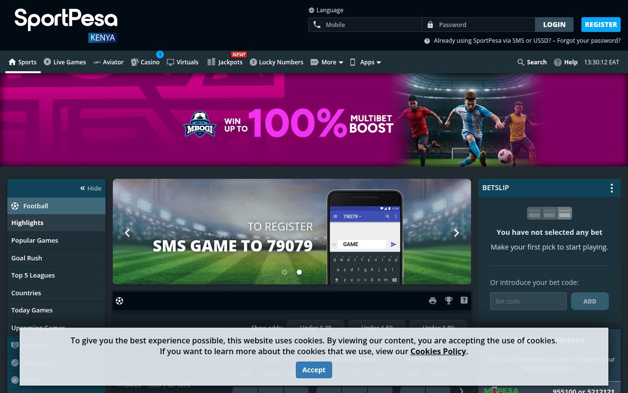 Screenshot of the SportPesa betting platform homepage