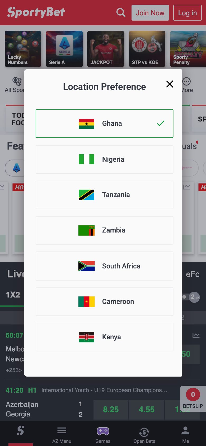 Mobile view of the SportyBet Ghana betting platform