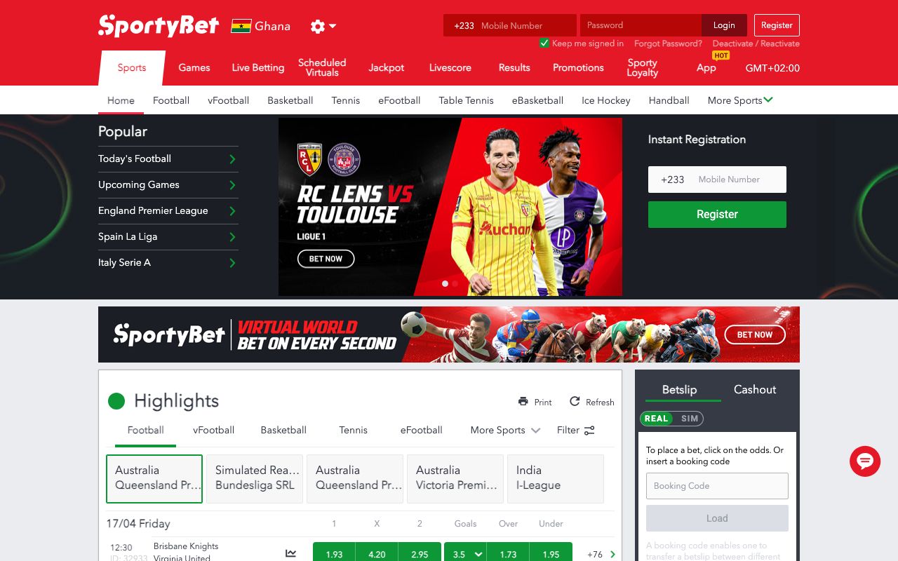 Screenshot of the SportyBet Ghana betting platform homepage