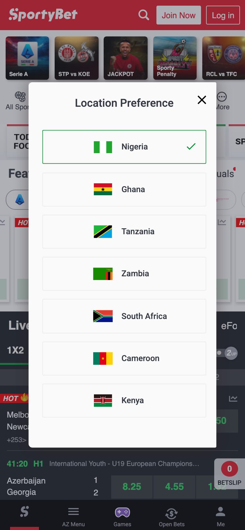 Mobile view of the SportyBet Nigeria betting platform