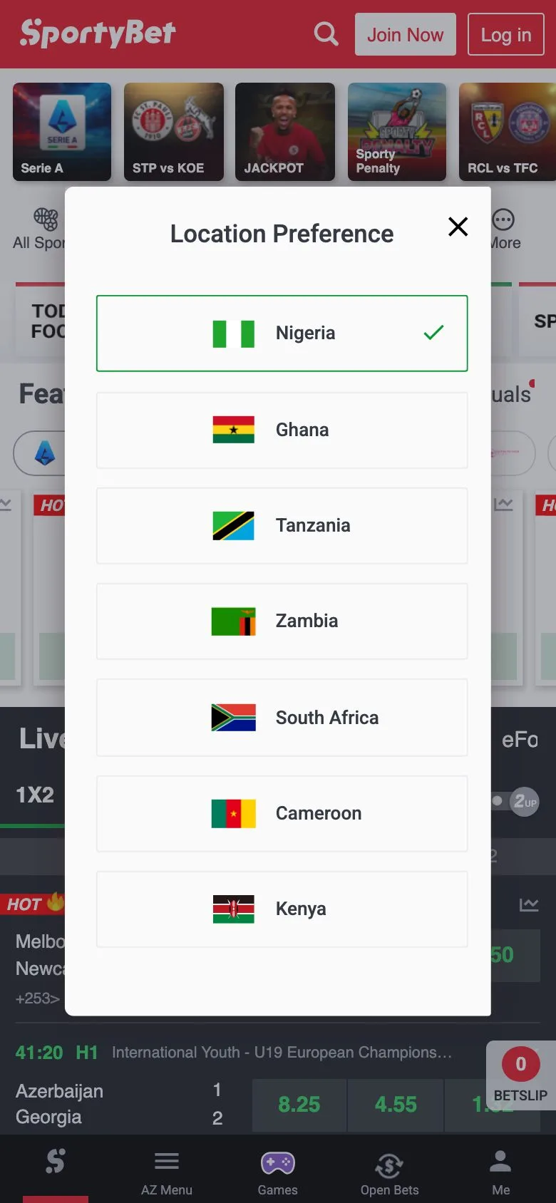 Mobile view of the SportyBet Nigeria betting platform